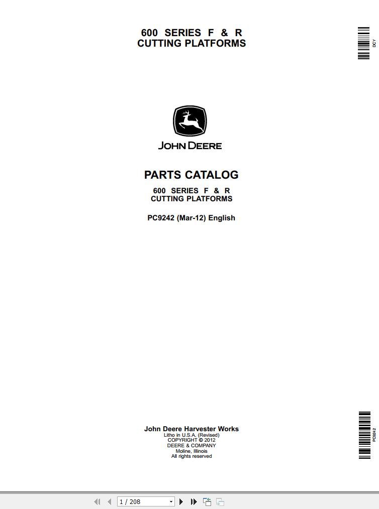 John Deere Cutting Platforms 600 Series F R Parts Catalog PC9242 2012 1