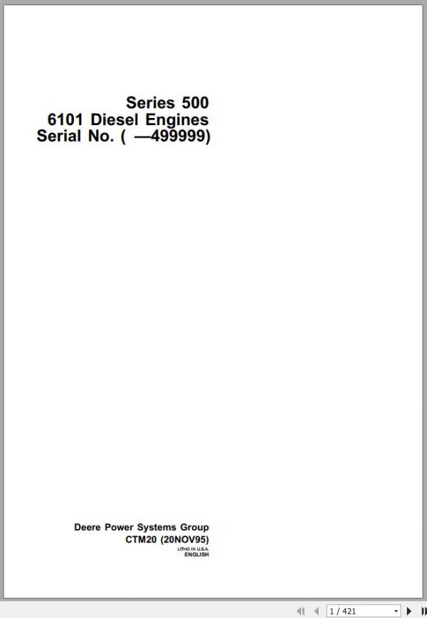 John Deere Diesel Engine 500 Series 6101 499999 Technical Manual CTM20 1