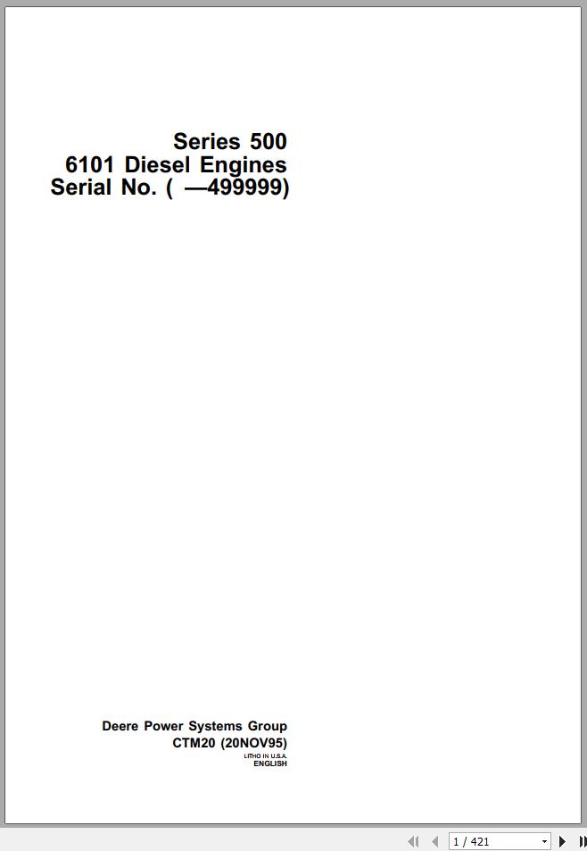 John Deere Diesel Engine 500 Series 6101 499999 Technical Manual CTM20 1