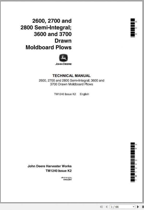 John Deere Drawn Moldboard Plows 2600 2700 2800 3600 3700 Technical Manual TM1240 1