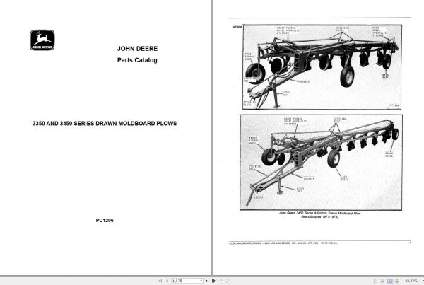 John Deere Drawn Moldboard Plows 3350 3450 Series Parts Catalog PC1206 1