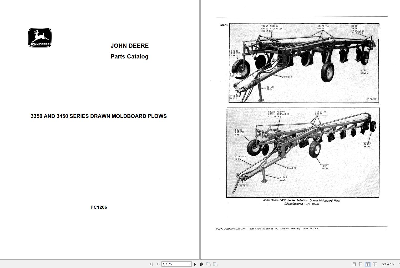 John Deere Drawn Moldboard Plows 3350 3450 Series Parts Catalog PC1206 1