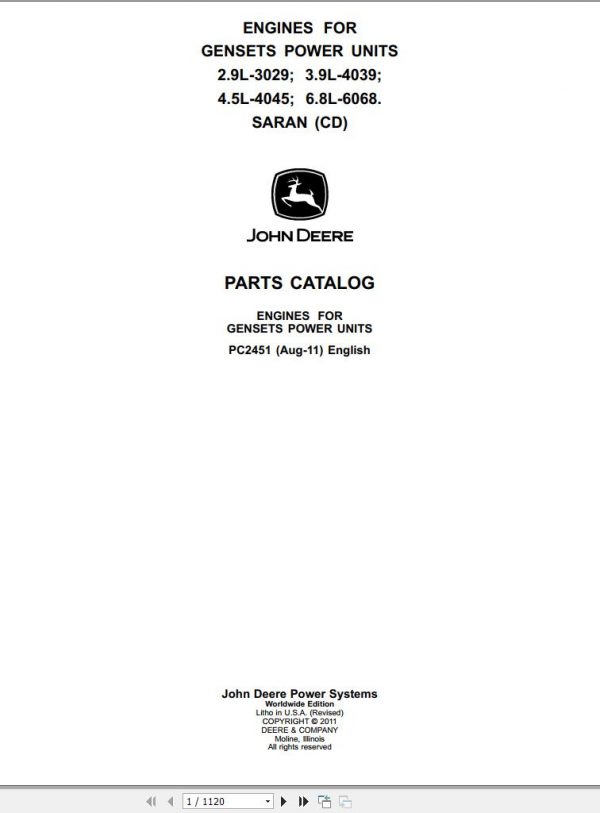 John Deere Engines For Gensets Power Units Parts Catalog PC2451 2011 1
