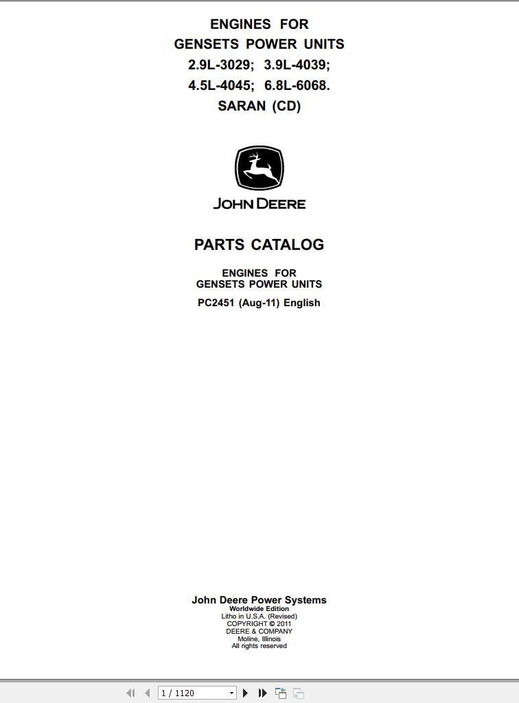 John Deere Engines For Gensets Power Units Parts Catalog PC2451 2011 1