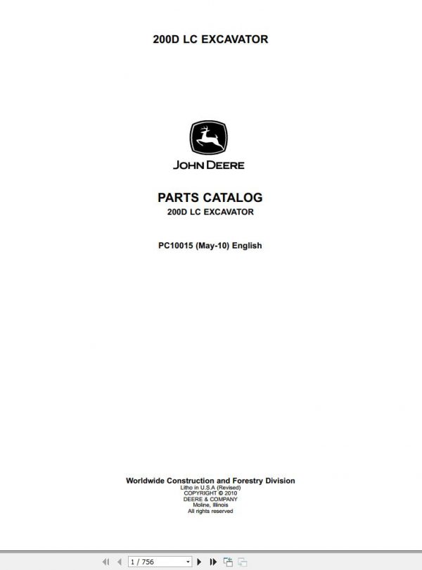 John Deere Excavator 200D LC Parts Catalog PC10015 2010 1