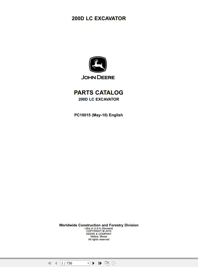 John Deere Excavator 200D LC Parts Catalog PC10015 2010 1
