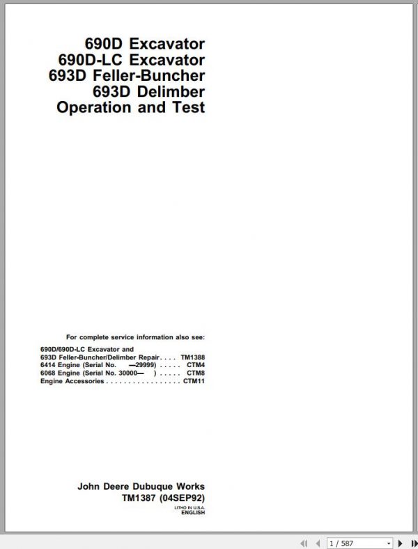 John Deere Excavators 690D 690D LC 639D Operation and Test Technical Manual TM1387 1