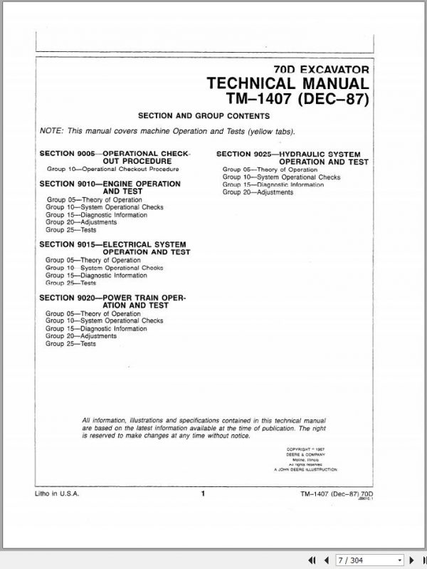 John Deere Excavators 70D Operation and Test Technical Manual TM1407 2
