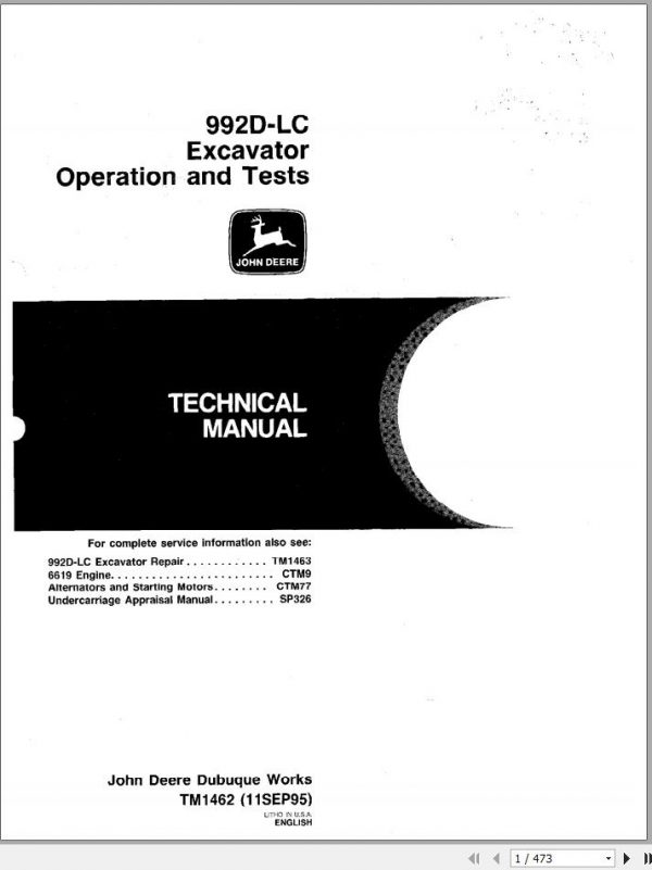 John Deere Excavators 992D LC Operation and Test Technical Manual TM1462 1