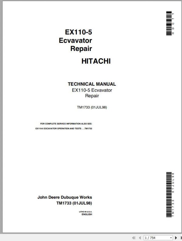 John Deere Excavators Hitachi EX110 5 Repair Technical Manual TM1733 1