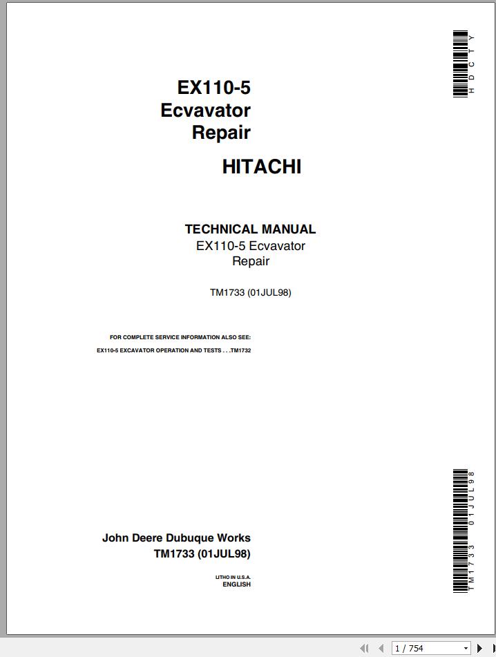 John Deere Excavators Hitachi EX110 5 Repair Technical Manual TM1733 1
