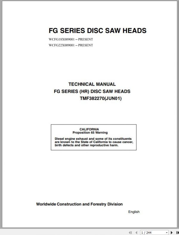 John Deere FG18 FG22 Swing to Tree Disc Saw Felling Heads Technical Manual TMF382270 1