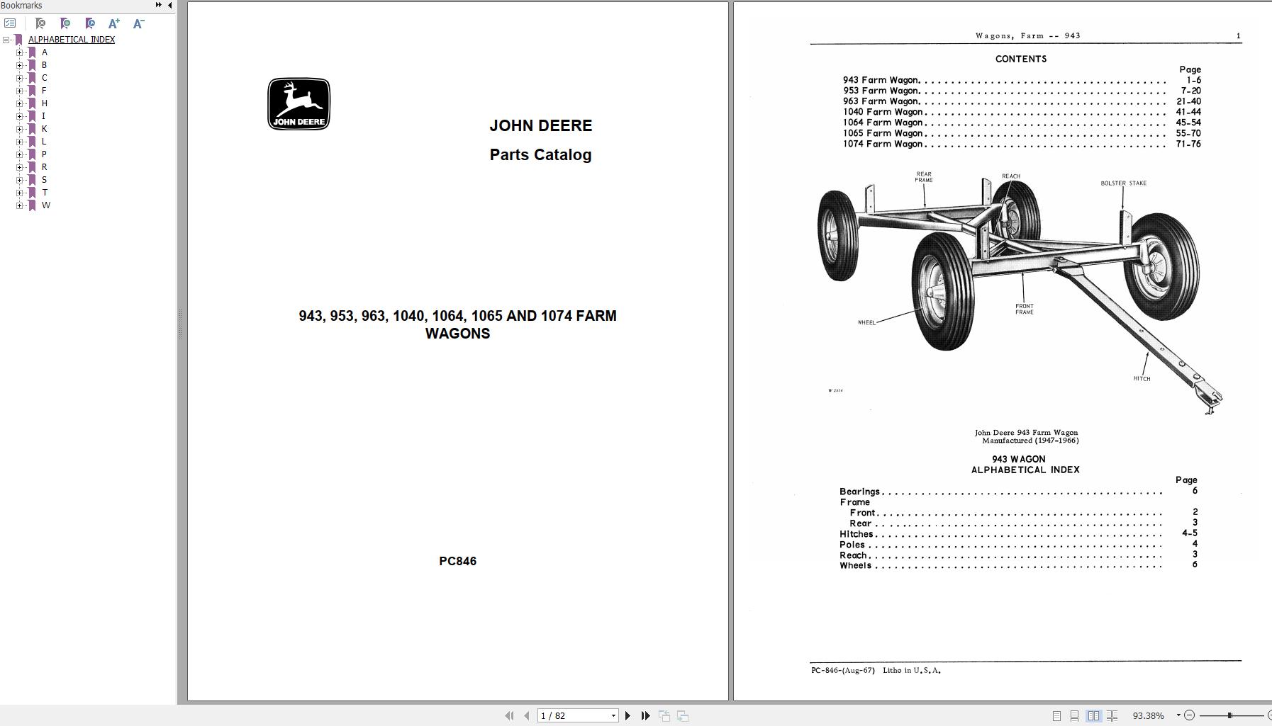 John Deere Farm Wagons 943 953 963 1040 1064 1065 1074 Parts Catalog PC846 1