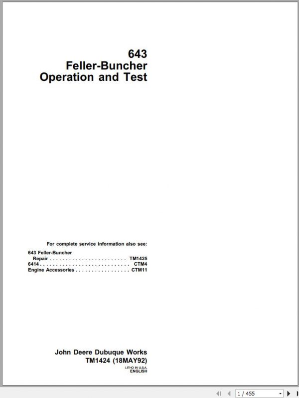 John Deere Feller Buncher 643 Operation and Test Technical Manual TM1424 1