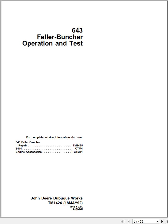 John Deere Feller Buncher 643 Operation and Test Technical Manual TM1424 1
