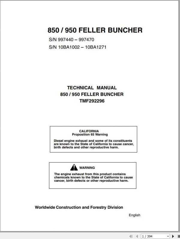 John Deere Feller Buncher 850 950 Technical Manual TMF292296 1