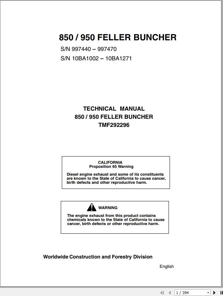 John Deere Feller Buncher 850 950 Technical Manual TMF292296 1
