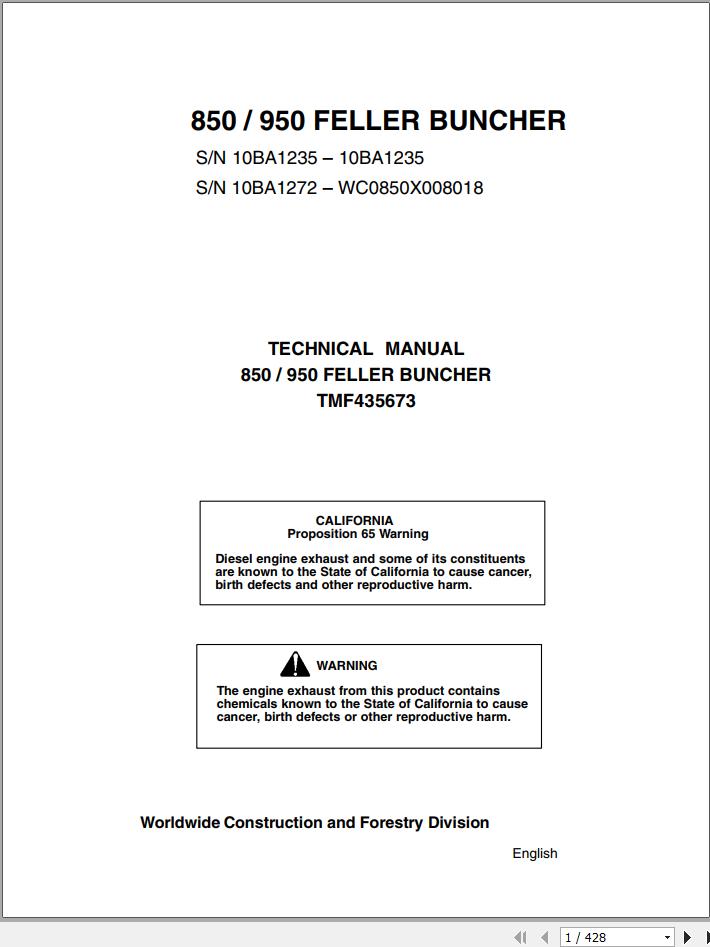 John Deere Feller Buncher 850 950 Technical Manual TMF435673 1
