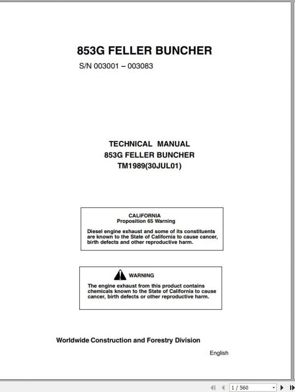 John Deere Feller Buncher 853G Technical Manual TM1989 1