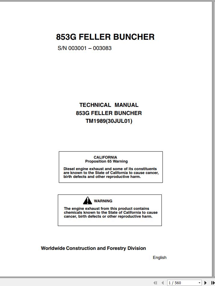 John Deere Feller Buncher 853G Technical Manual TM1989 1