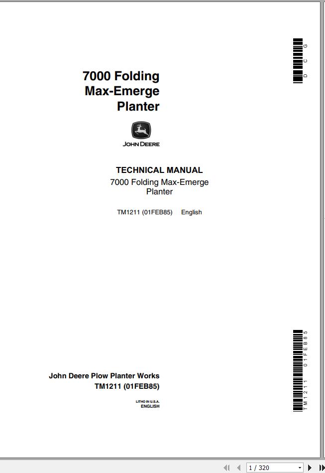 John Deere Folding Max Emerge Plater 7000 Technical Manual TM1211 1