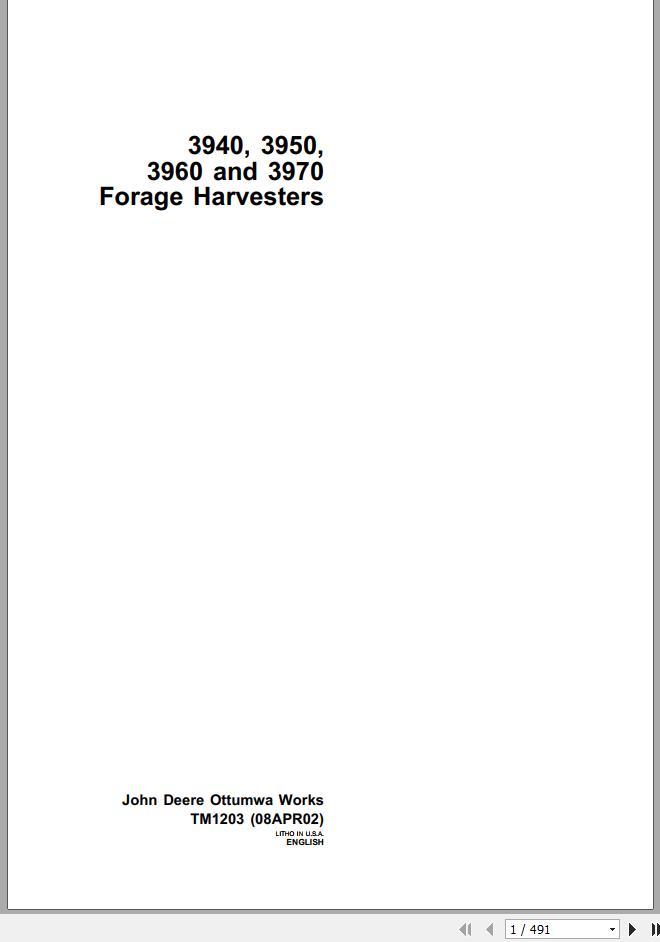 John Deere Forage Harversters 3940 3950 3960 3970 Technical Manual TM1203 1
