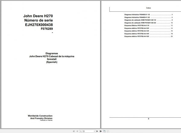 John Deere Forest Machine Head H270 F076289 Hydraulic Electric Diagram 2008 ES 1