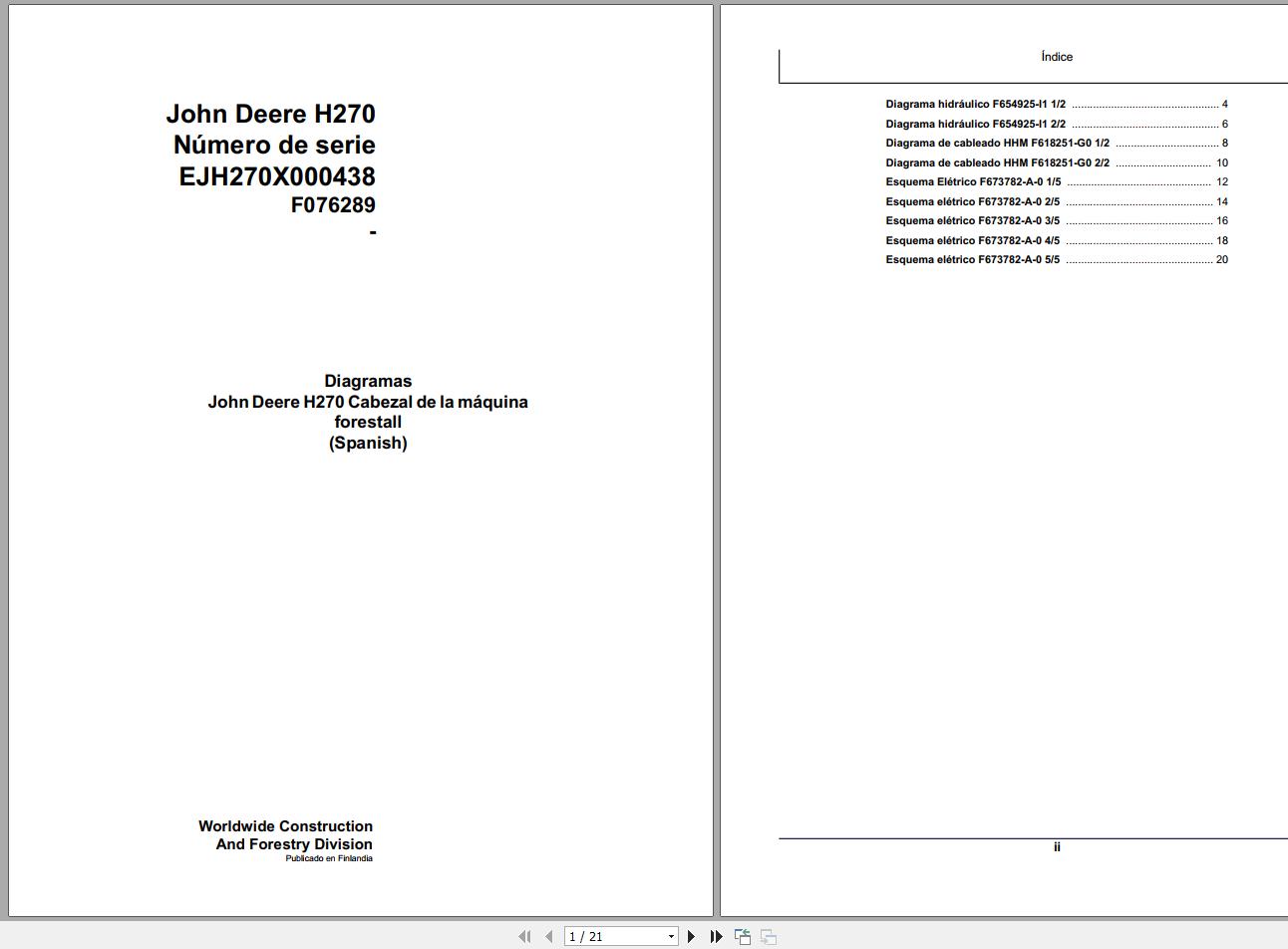 John Deere Forest Machine Head H270 F076289 Hydraulic Electric Diagram 2008 ES 1