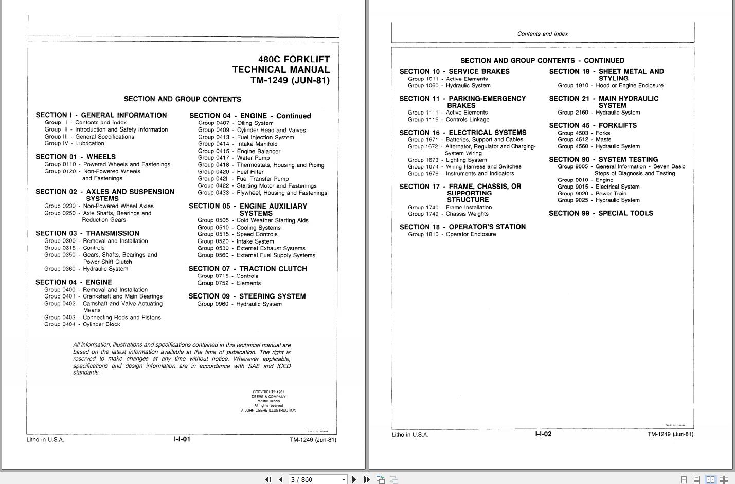John Deere Forklift 480C Technical Manual TM1249 1