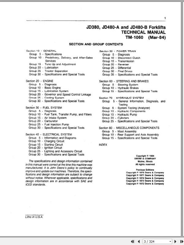 John Deere Forklift JD380 JD480 A JD480 B Technical Manual TM1060 2