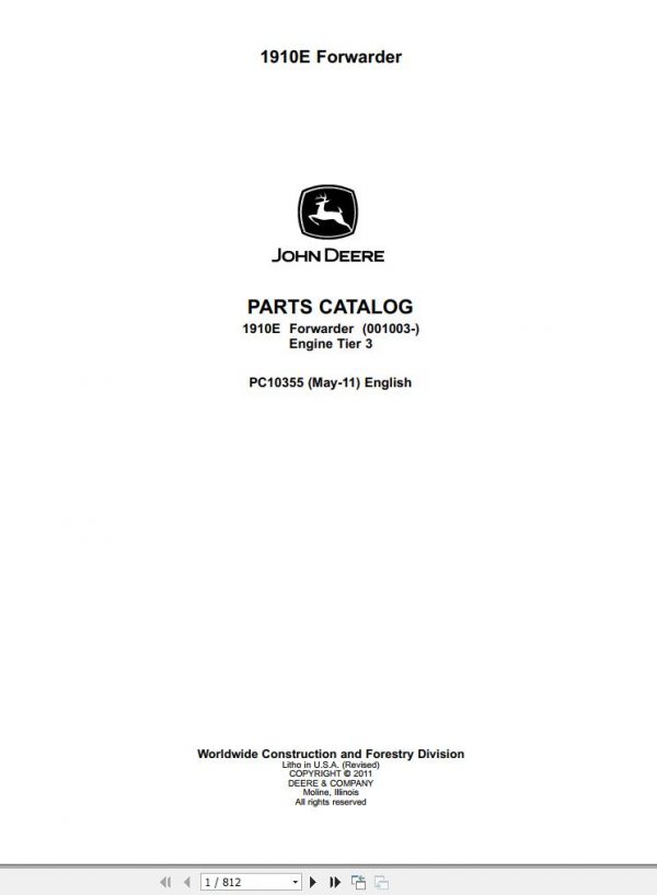 John Deere Forwarder 001003 Engine Tier 3 1910E Parts Catalog PC10355 2011 1