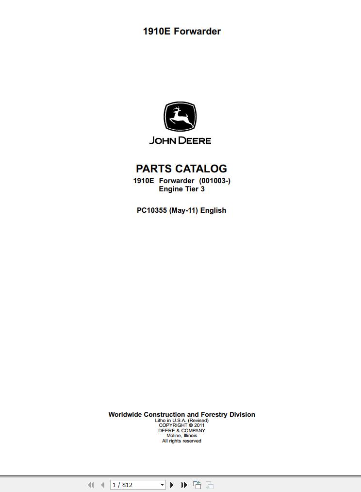 John Deere Forwarder 001003 Engine Tier 3 1910E Parts Catalog PC10355 2011 1