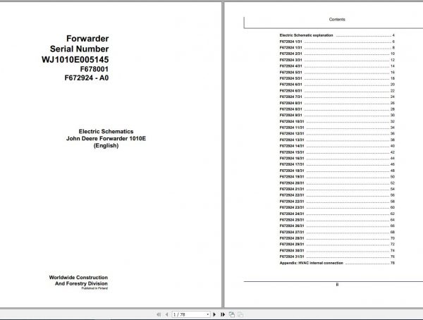 John Deere Forwarder 1010E F678001 A0 Electric Schematic 2003 1