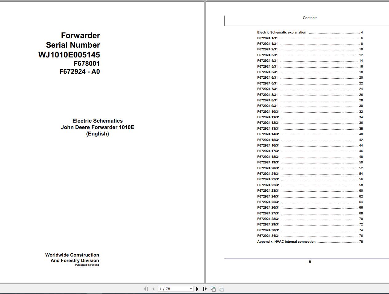 John Deere Forwarder 1010E F678001 A0 Electric Schematic 2003 1
