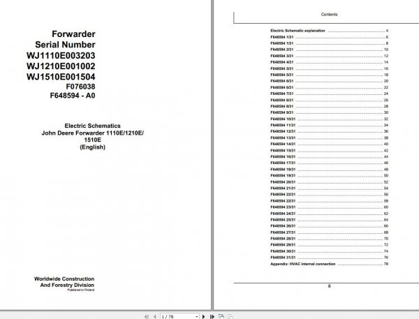John Deere Forwarder 1110E 1210E 1510E F076038 A0 Electric Schematic 2003 1