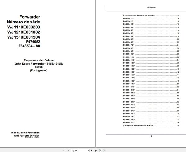 John Deere Forwarder 1110E 1210E 1510E F076052 A0 Electric Diagram 2008 PT 1