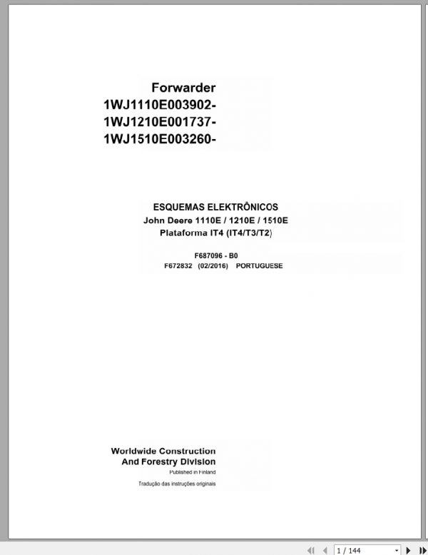 John Deere Forwarder 1110E 1210E 1510E F672832 IT4 T3 T2 2016 Electric Diagram 2016 PT 1