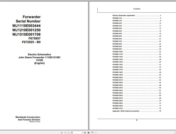 John Deere Forwarder 1110E 1210E 1510E F675957 A0 Electric Schematic 2003 1