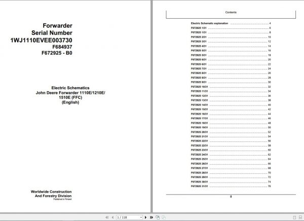John Deere Forwarder 1110E 1210E 1510E FFC F684937 B0 Electric Schematic 2003 1