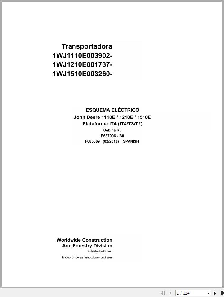 John Deere Forwarder 1110E 1210E 1510E IT4 T3 T2 Cabin RL F685669 B0 2016 Electric Schematic 2016 ES 1