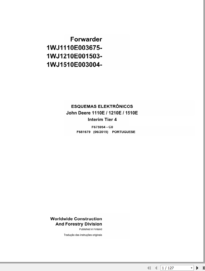 John Deere Forwarder 1110E 1210E 1510E Interim Tier 4 F681679 C0 Electric Diagram 2015 PT 1