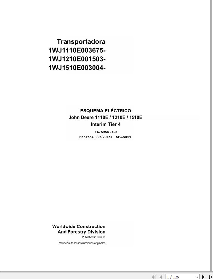 John Deere Forwarder 1110E 1210E 1510E Interim Tier 4 F681684 C0 Electric Schematic 2015 1