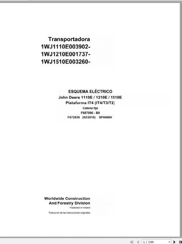 John Deere Forwarder 1110E 1210E 1510E Plaform F672836 B0 Electric Schematic 2016 ES 1