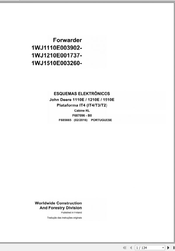 John Deere Forwarder 1110E 1210E 1510E Platform IT4 T3 T2 Cabin RL F685665 B0 Electric Diagram 2016 PT 1