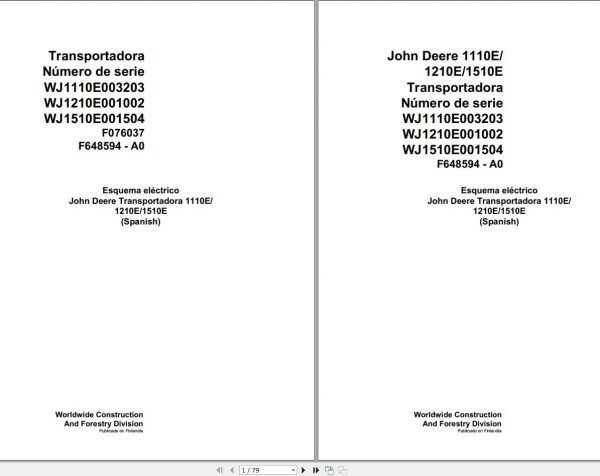 John Deere Forwarder 1110E F076037 A0 Electric Schematic 2008 ES 1