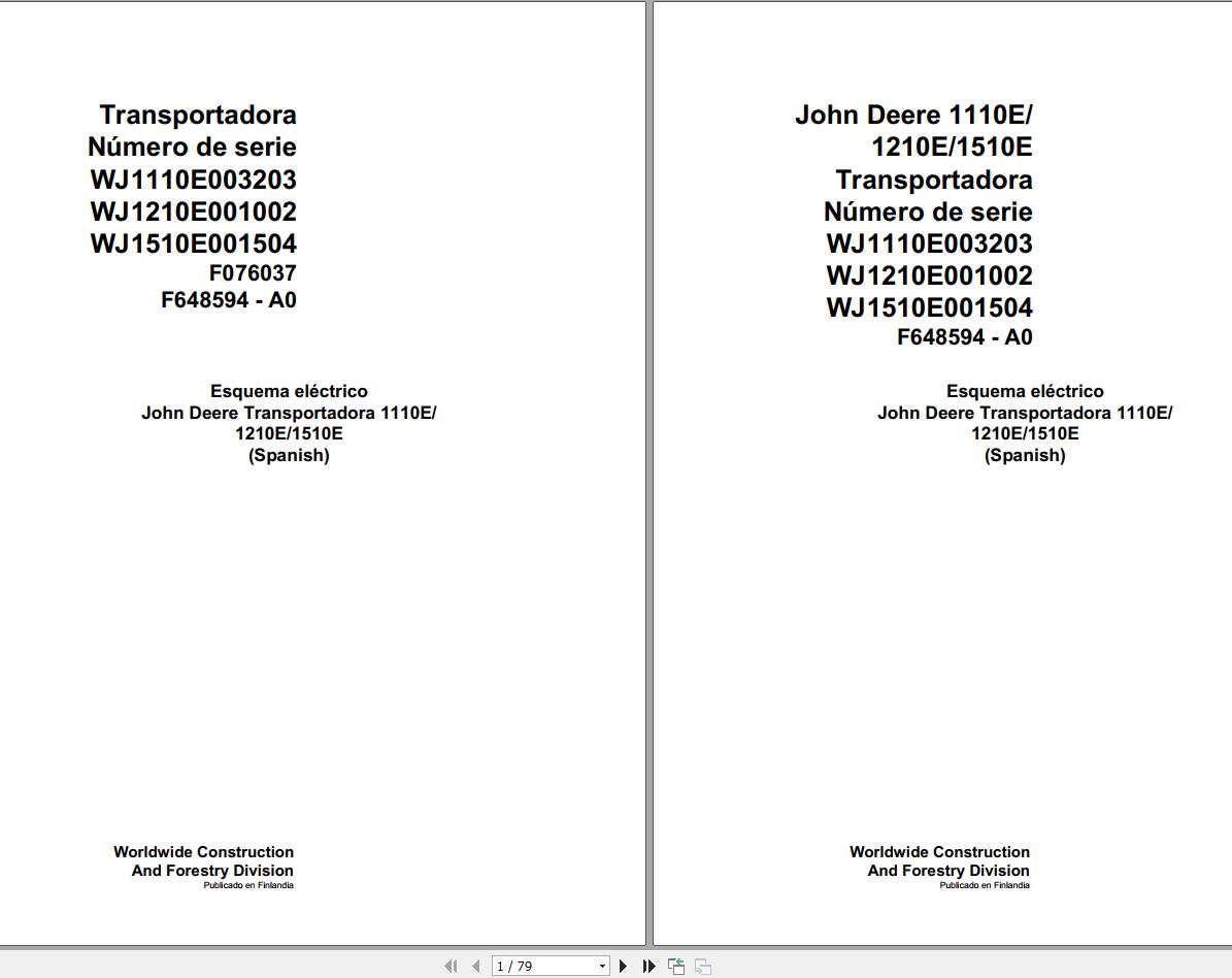 John Deere Forwarder 1110E F076037 A0 Electric Schematic 2008 ES 1