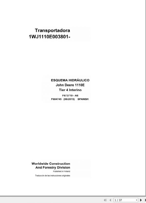 John Deere Forwarder 1110E F684745 A8 Hydraulic Schematic 2015 ES 1