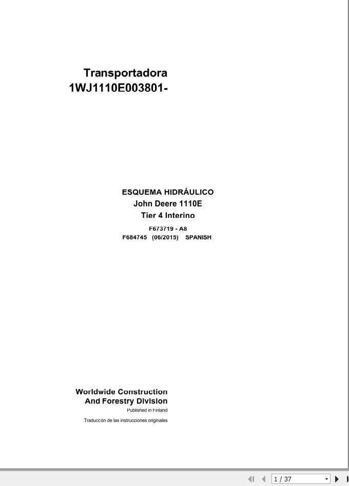 John Deere Forwarder 1110E F684745 A8 Hydraulic Schematic 2015 ES 1