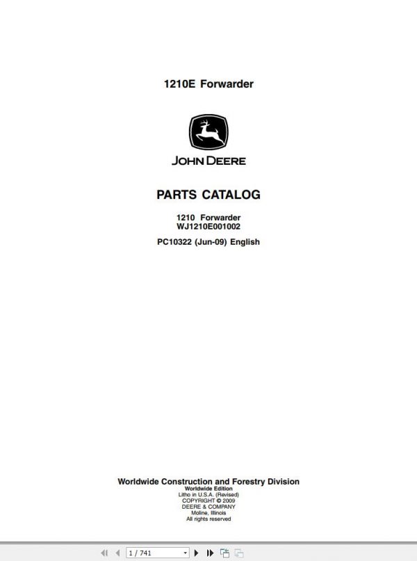 John Deere Forwarder 1210E WJ1210E001002 Parts Catalog PC10322 2009 1