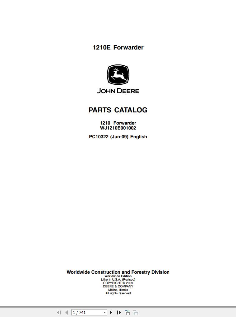 John Deere Forwarder 1210E WJ1210E001002 Parts Catalog PC10322 2009 1